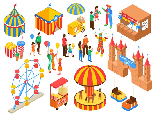 Amusement park isometric set with circus tent ice cream and popcorn carts clowns handing out air balloons isolated vector illustration