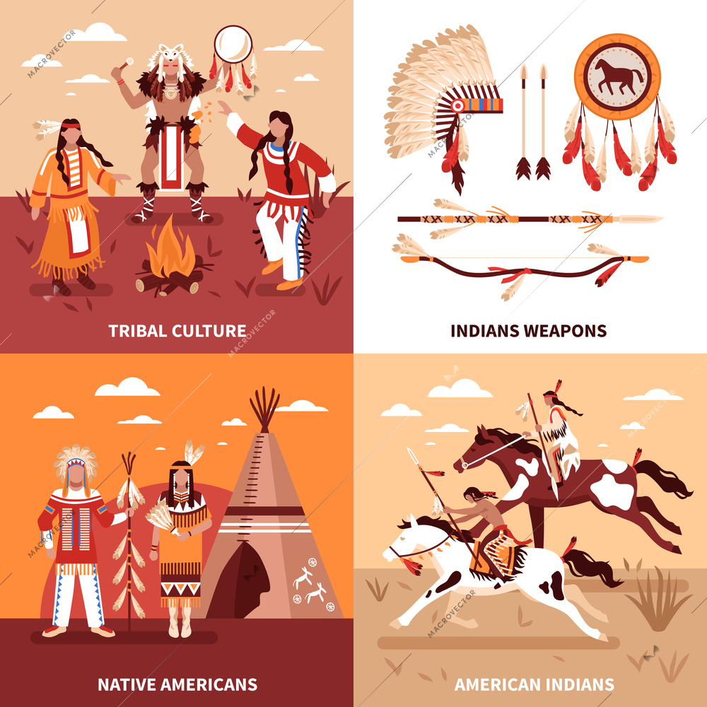 American indians 2x2 design concept set of tribal culture indian weapons native americans square icons flat vector illustration