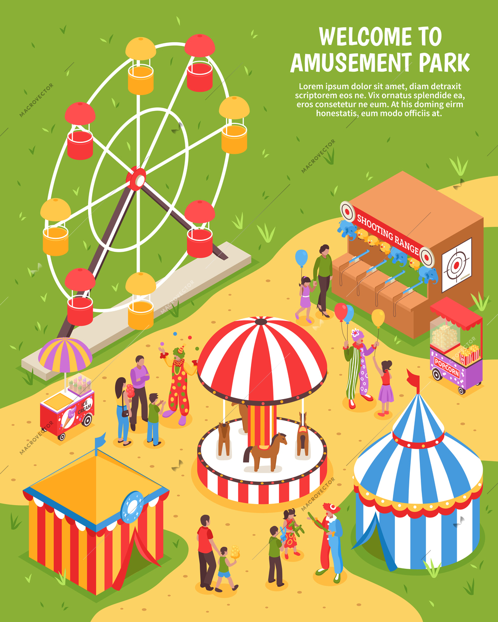 Amusement park isometric poster with carousel ferris wheel shooting range clowns meeting visitors 3d vector illustration