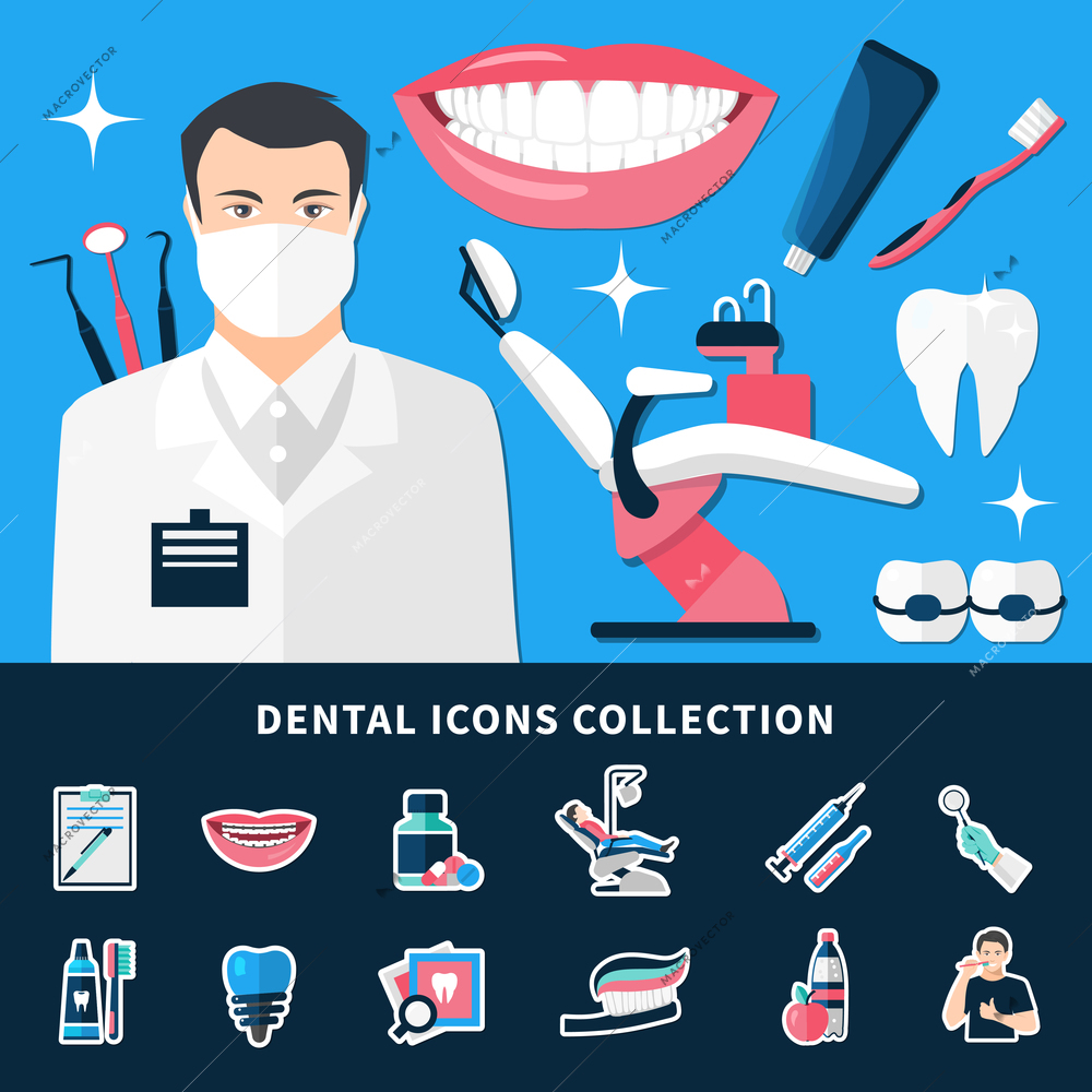 Dental icons collection of healthy and bad teeth bracket medical equipment and white smile flat vector illustration
