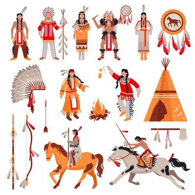 American indians decorative icons set with national attributes of clothes and elements of tribal culture cartoon vector illustration