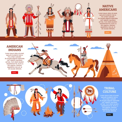 Native americans horizontal banners with indians in national clothes wigwam and element of tribal culture cartoon vector illustration
