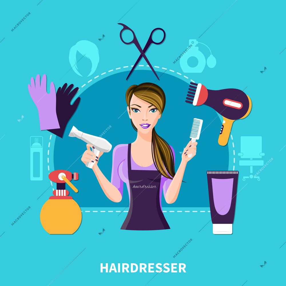 Hairdresser flat colored composition with stylist and her work tools and uniform vector illustration