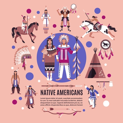 Native americans design concept with persons in ethnic dress national  attributes and hunting equipment cartoon vector illustration