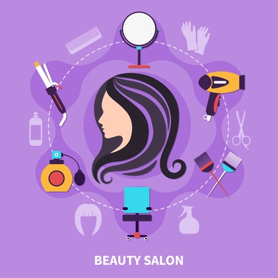 Hairdresser colored round composition with circle of dotted lines and with icon set vector illustration