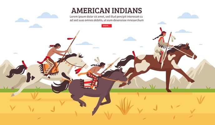 Ethnic background with armed american indians riding horses across prairie against mountains cartoon vector illustration