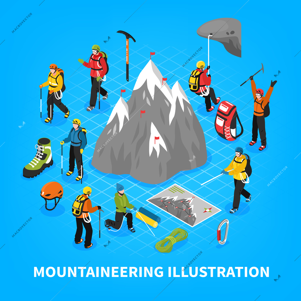 Mountaineering isometric vector illustration with snow mountain touristic equipment and tools for climbers rising