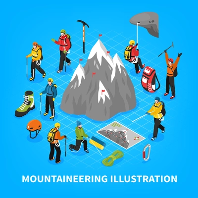 Mountaineering isometric vector illustration with snow mountain touristic equipment and tools for climbers rising