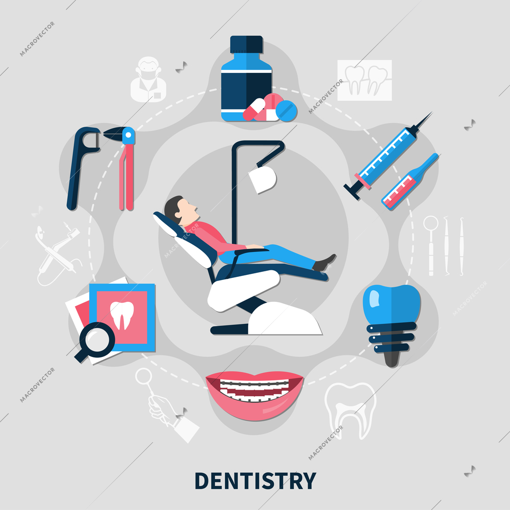 Dentistry design concept with patient in medical armchair and tools for dental care flat vector illustration