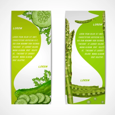 Green vegetable organic food vertical banners set with parsley peas cucumber isolated vector illustration