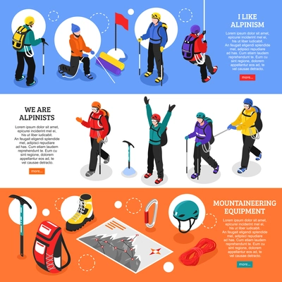 Alpinists isometric banners with mountaineering equipment and climbers in winter uniform used for expedition 3d vector illustration