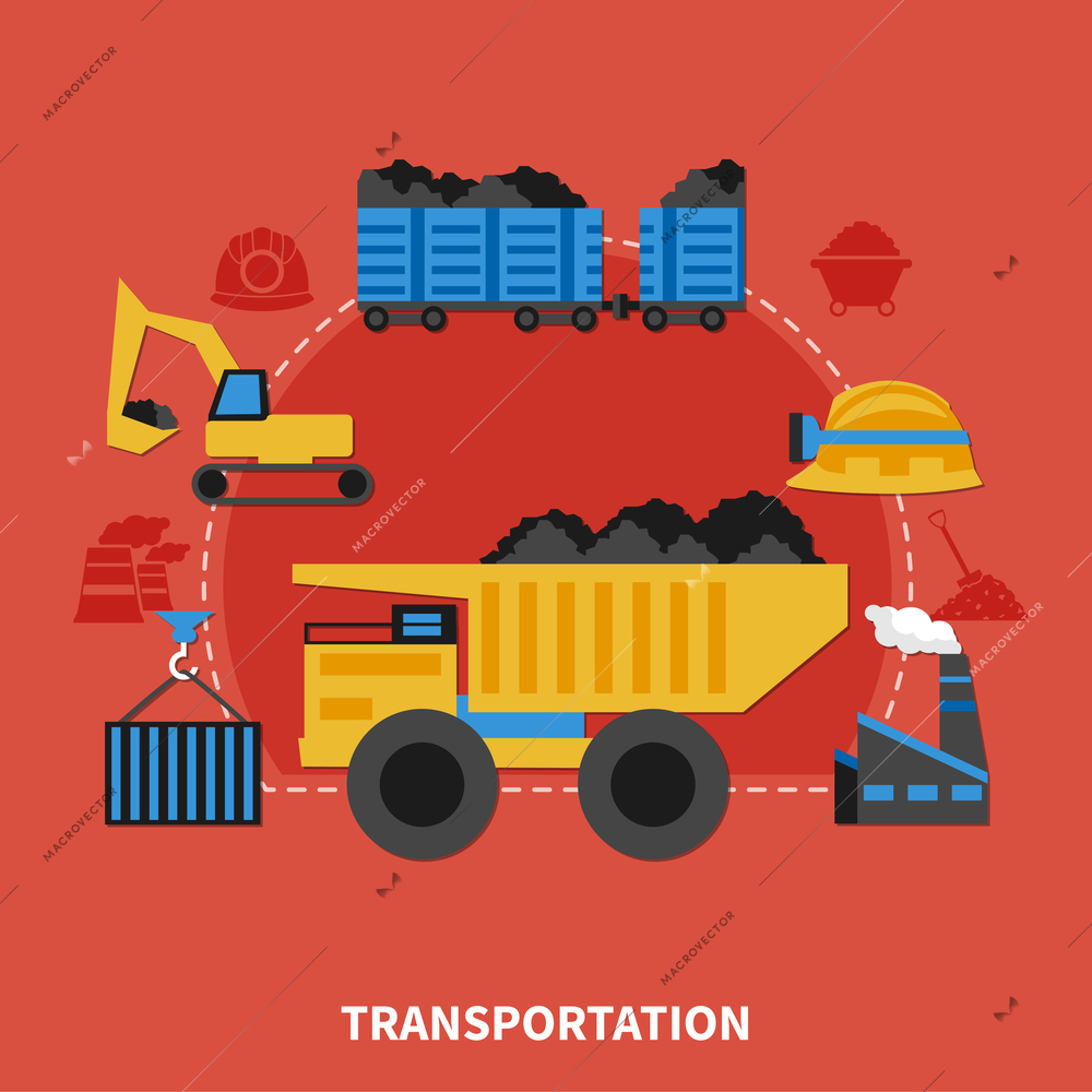 Flat design mining concept with transportation of coal elements on red background vector illustration