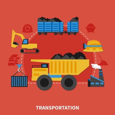 Flat design mining concept with transportation of coal elements on red background vector illustration