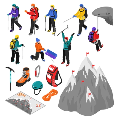 Mountaineering isometric set of touristic equipment and climbers characters in helmets and winter sport suits isolated vector illustration