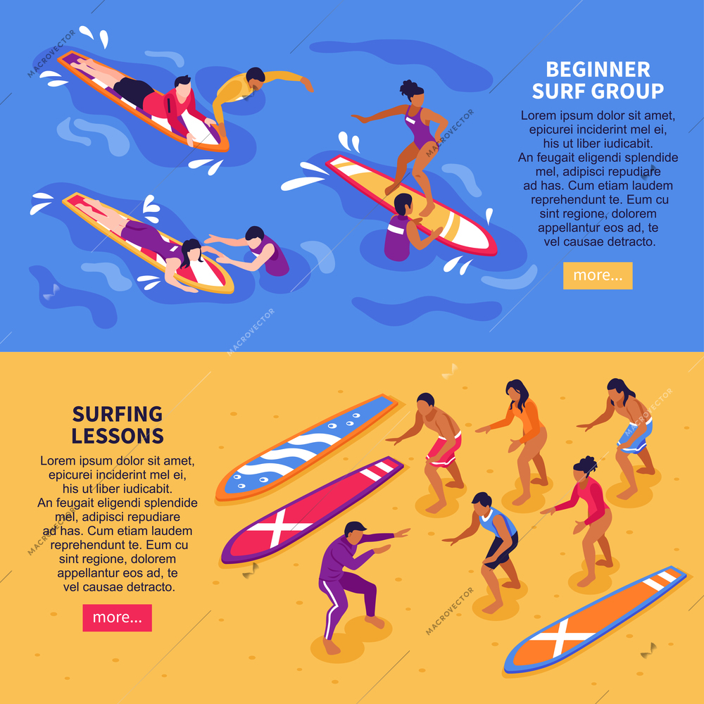 Surf school for adult horizontal banners with beginner surf group and surfing lessons  isometric compositions vector illustration