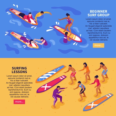 Surf school for adult horizontal banners with beginner surf group and surfing lessons  isometric compositions vector illustration