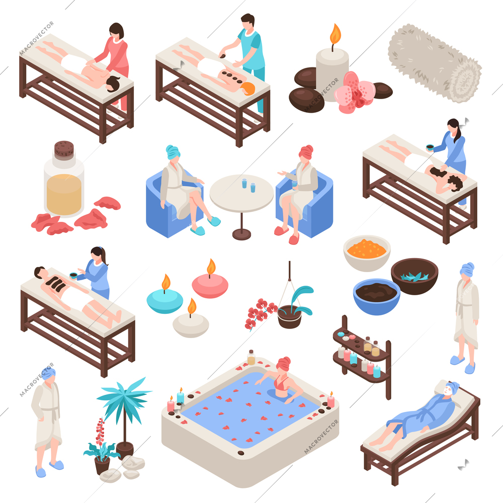 Spa and beauty isometric set with accessories for massage stone and aroma therapy isolated vector illustration