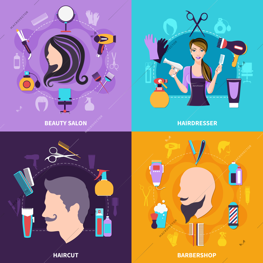 Four squares hairdresser concept set with beauty salon hairdresser haircut and barbershop descriptions vector illustration