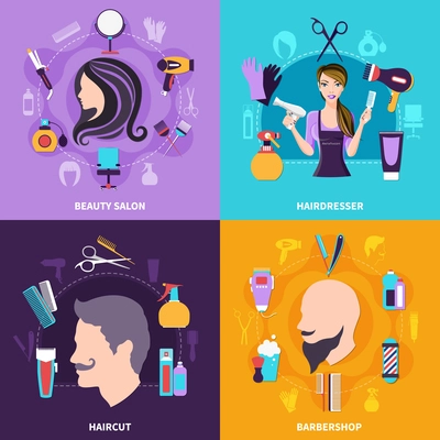 Four squares hairdresser concept set with beauty salon hairdresser haircut and barbershop descriptions vector illustration