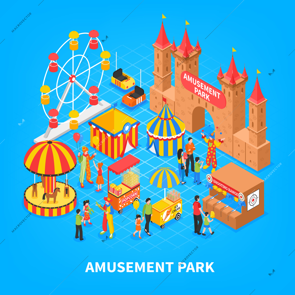 Amusement park cartoon background with  cars for kids medieval castle carousel ferris wheel isometric decorative elements vector illustration