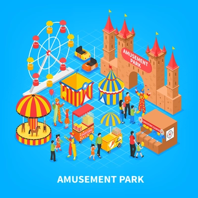 Amusement park cartoon background with  cars for kids medieval castle carousel ferris wheel isometric decorative elements vector illustration