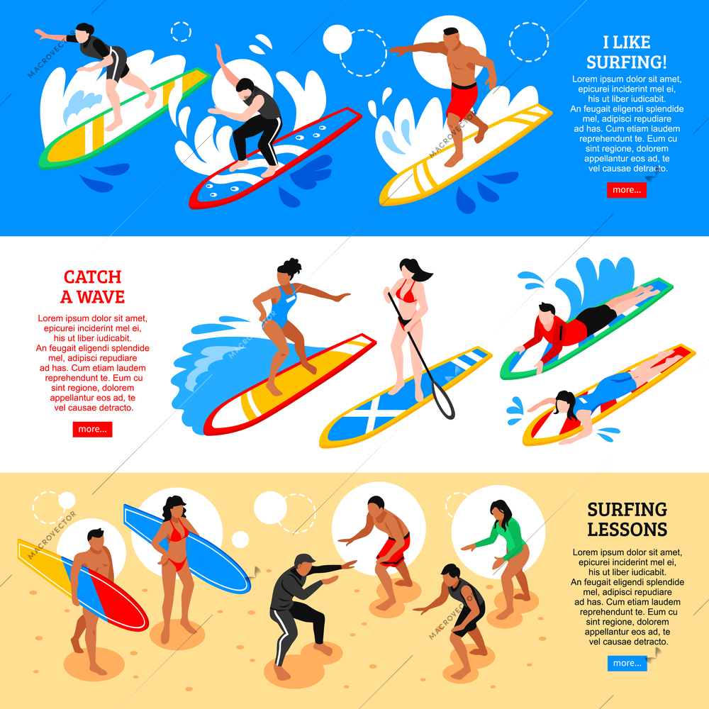 Water sport horizontal banners with catch waves and surfing  lessons isometric compositions vector illustration