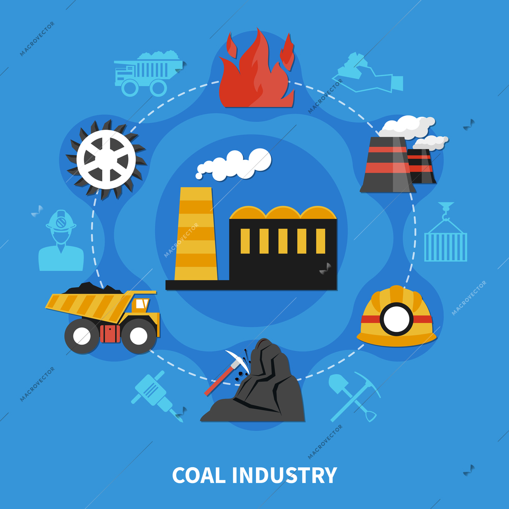 Coal mining industry concept on blue background flat vector illustration