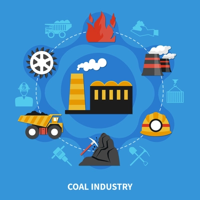 Coal mining industry concept on blue background flat vector illustration