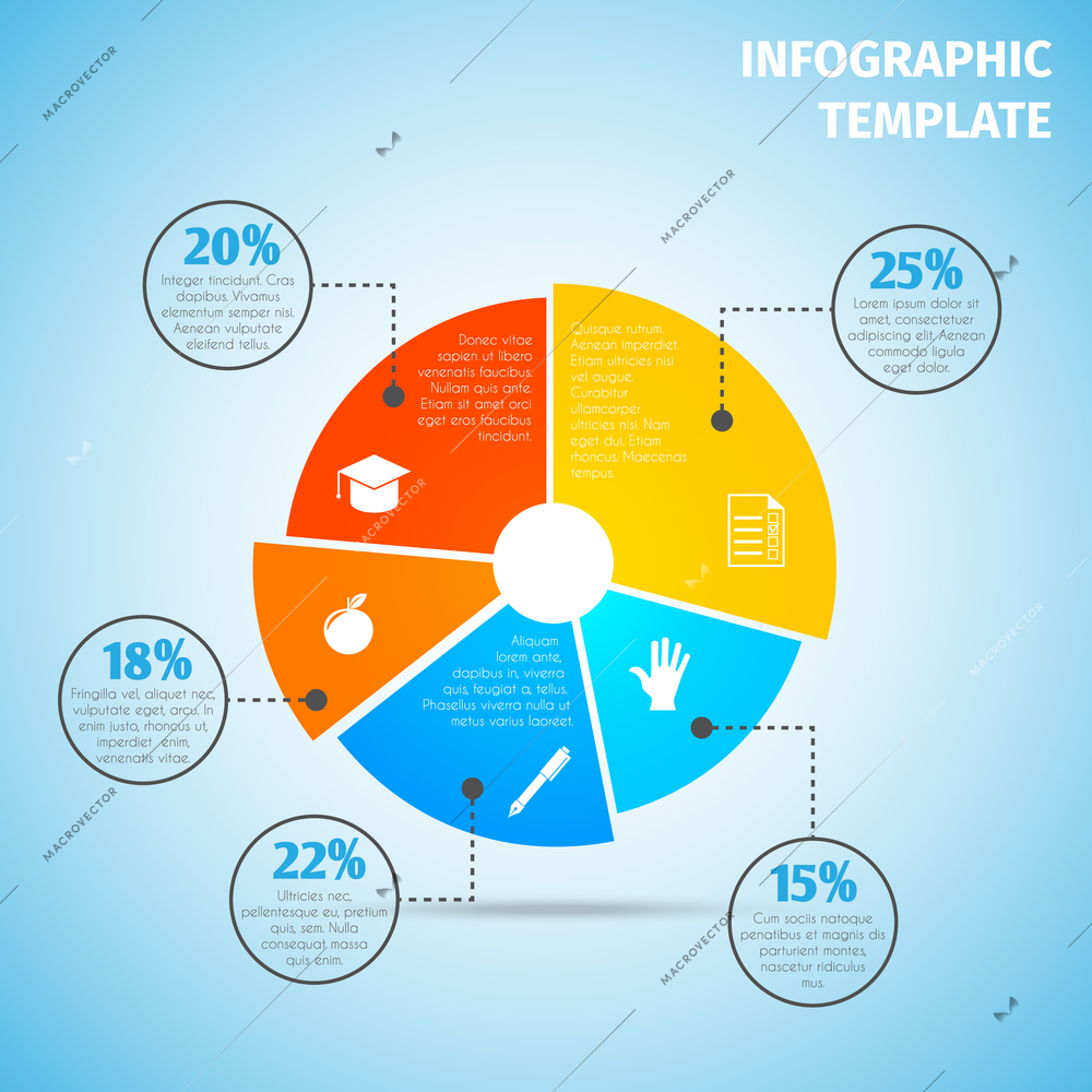 Colored abstract flat pie chart education infographic element with sector labels vector illustration