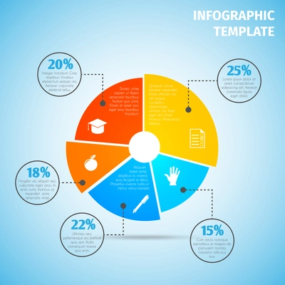 Colored abstract flat pie chart education infographic element with sector labels vector illustration