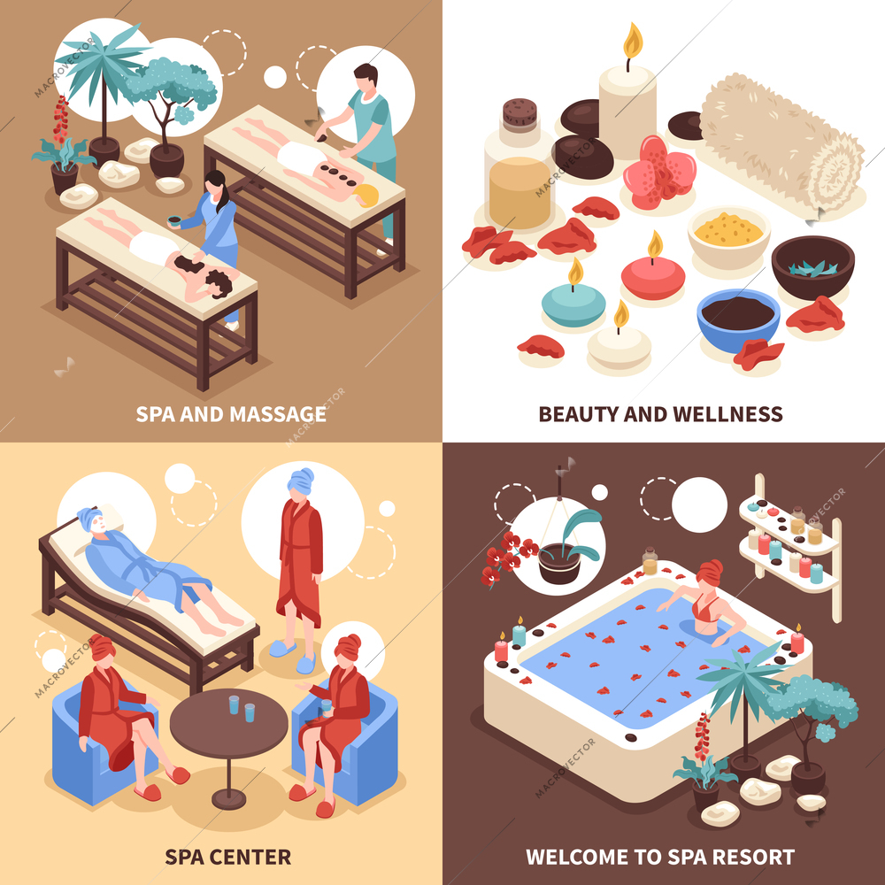 Spa resort 2x2 design concept with clients visiting spa center and wellness goods decorative icons isometric vector illustration