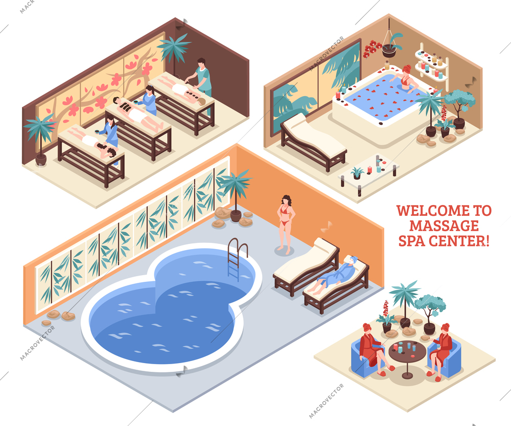 Set of isometric interiors of massage spa center with pool bathroom and massage beds isolated vector illustration