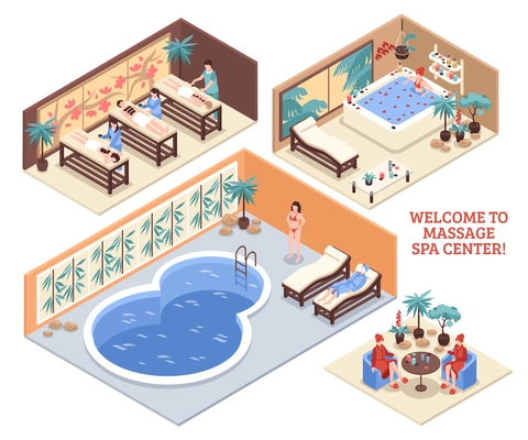 Set of isometric interiors of massage spa center with pool bathroom and massage beds isolated vector illustration