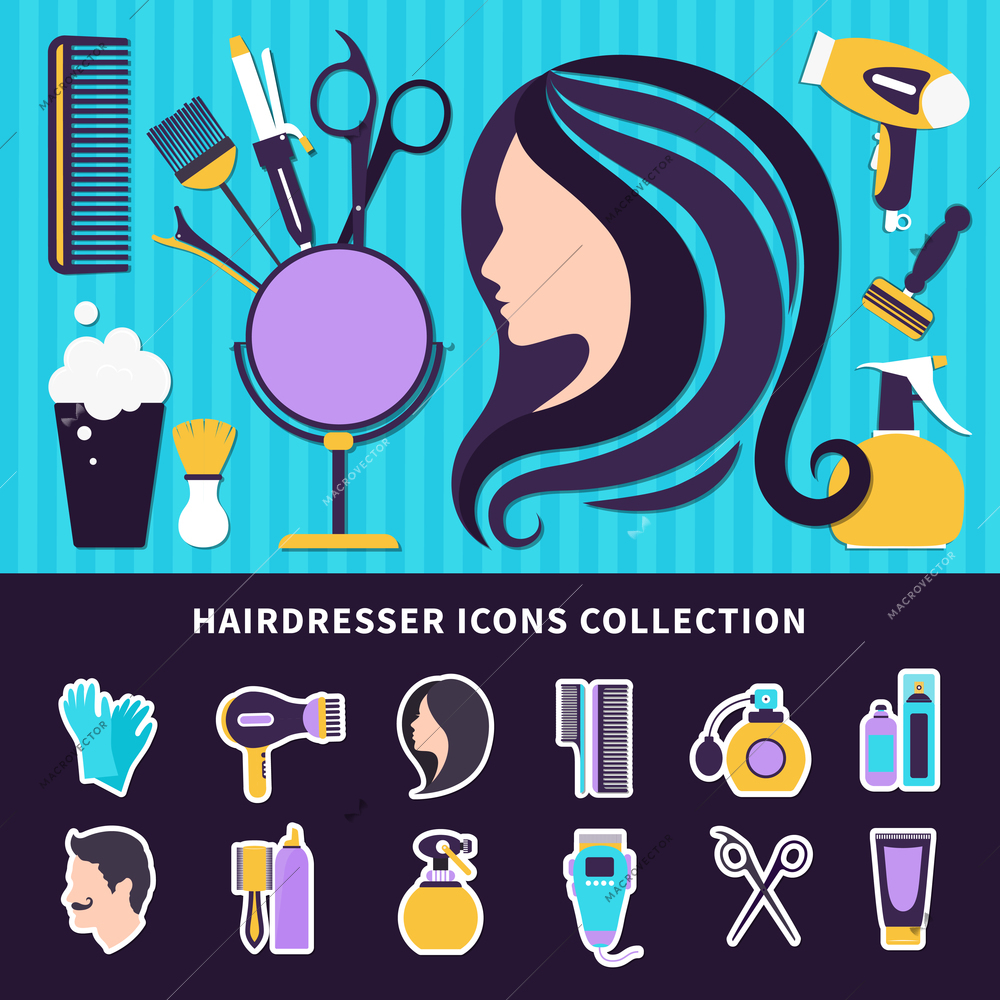 Hairdresser colored composition with elements of style and tools for barbershop and beauty salon vector illustration