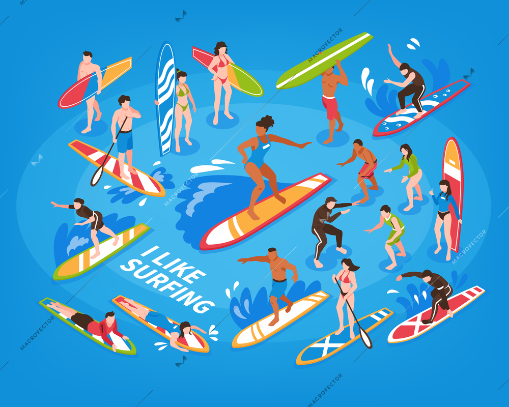 Surfing isometric blue background with male and female sportsmen riding on waves with surfboard vector illustration