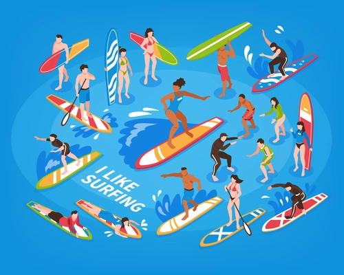 Surfing isometric blue background with male and female sportsmen riding on waves with surfboard vector illustration