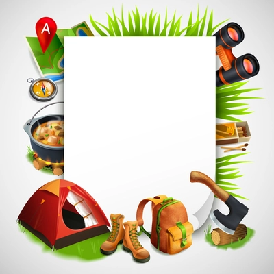 Camping realistic frame with consisting of rectangle and elements of tourist equipment vector illustration