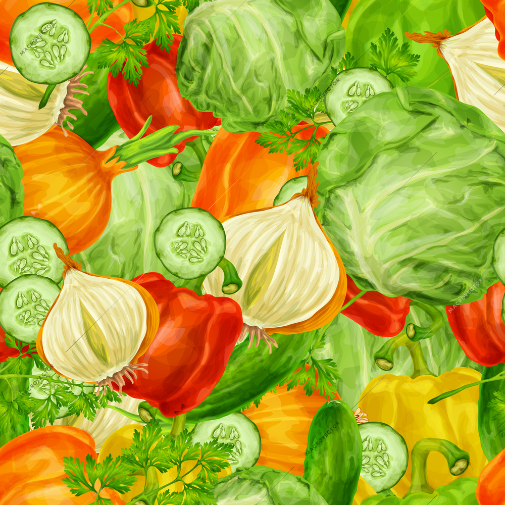 Vegetable organic food mix seamless background with cabbage parsley paprika vector illustration.