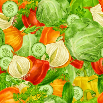 Vegetable organic food mix seamless background with cabbage parsley paprika vector illustration.