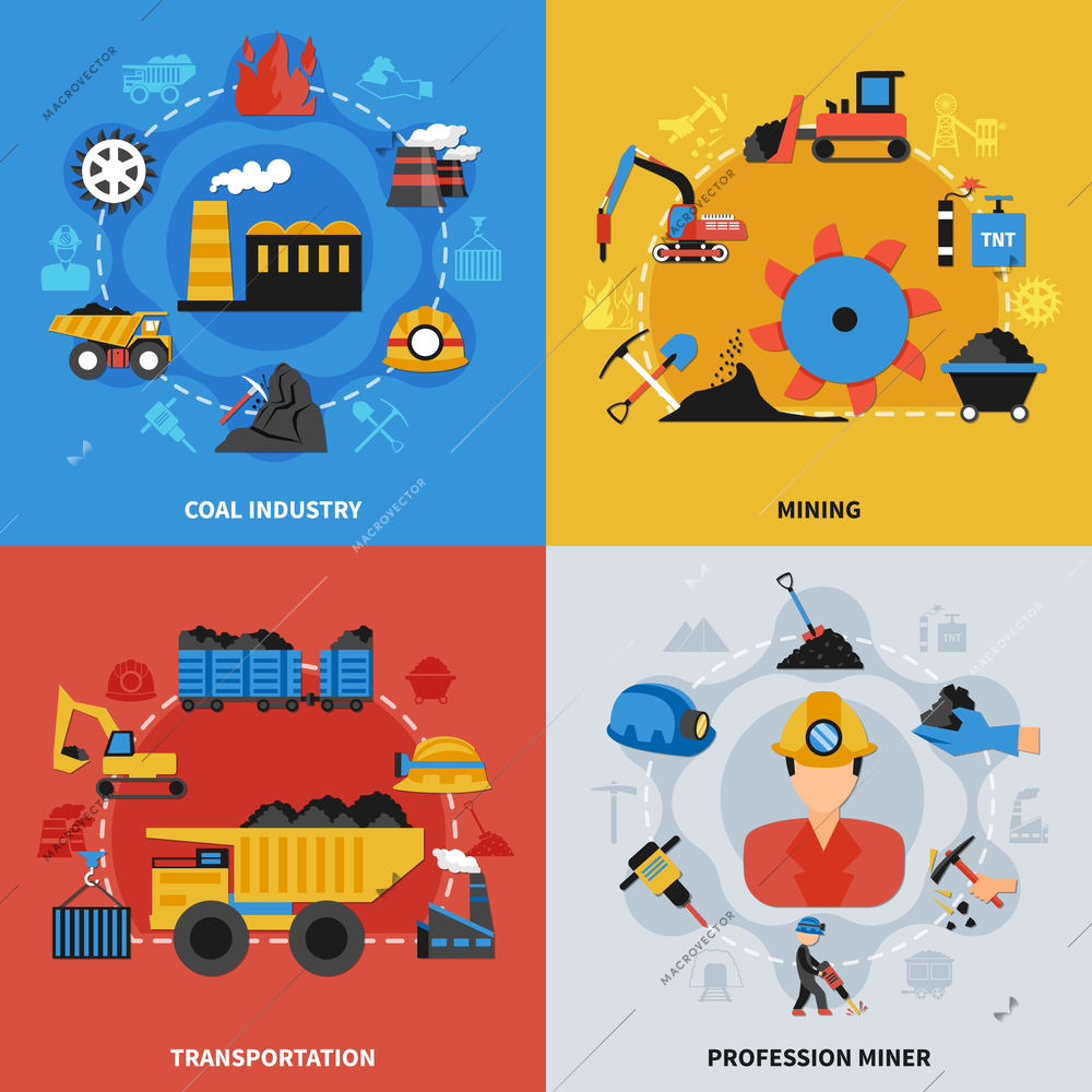 Colorful flat set of 2x2 icons with coal mining industry miners and transportation elements isolated vector illustration