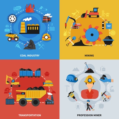 Colorful flat set of 2x2 icons with coal mining industry miners and transportation elements isolated vector illustration