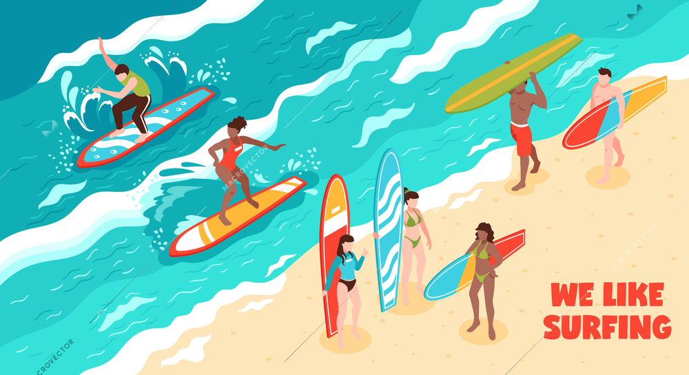 Surfing horizontal vector illustration with south beach of ocean and young people in swimsuits on surfboards