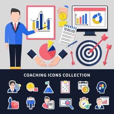 Coaching icons set with business training symbols flat isolated vector illustration