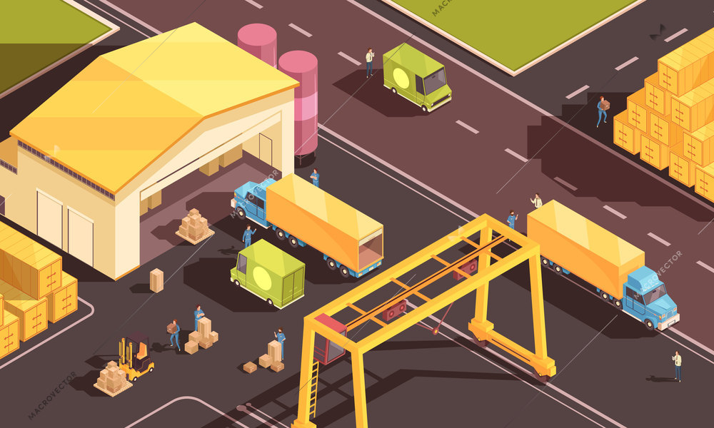 Isometric logistic composition with images of warehouse figures of people with cardboard boxes cargo trucks and cars vector illustration