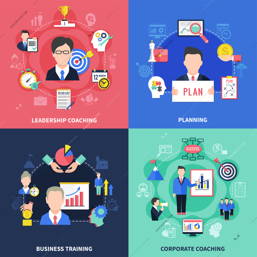 Coaching concept icons set with business training symbols flat isolated vector illustration