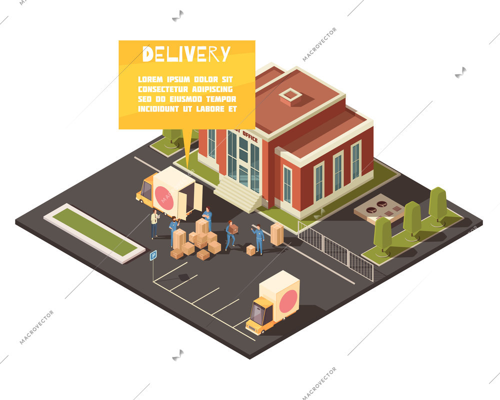 Isometric logistic delivery conceptual composition with images of post office yard with people hand-loading parcels vector illustration