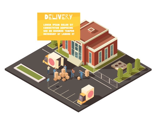 Isometric logistic delivery conceptual composition with images of post office yard with people hand-loading parcels vector illustration