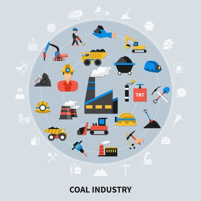 Flat design coal mining industry miner tools and machinery concept on grey background vector illustration