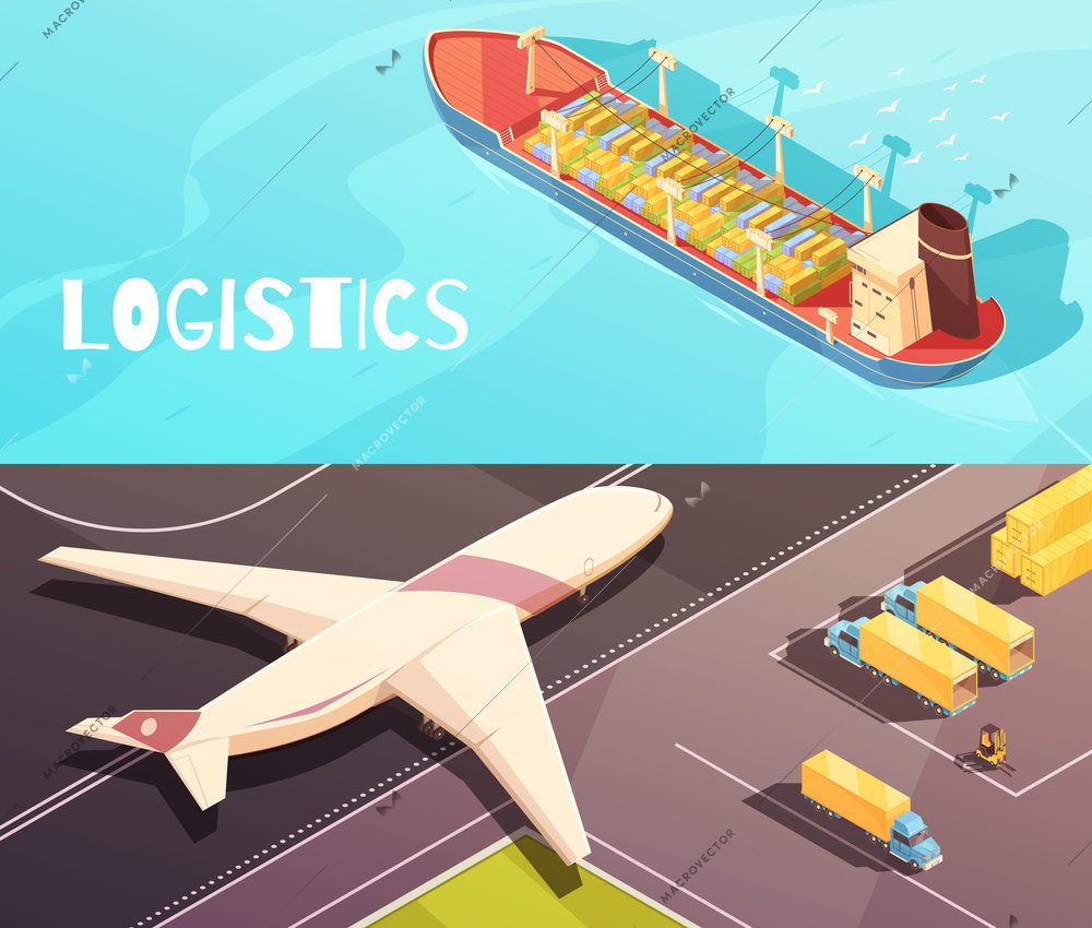 Isometric logistic horizontal compositions set with views of cargo ship upon the sea and freighter aircraft vector illustration