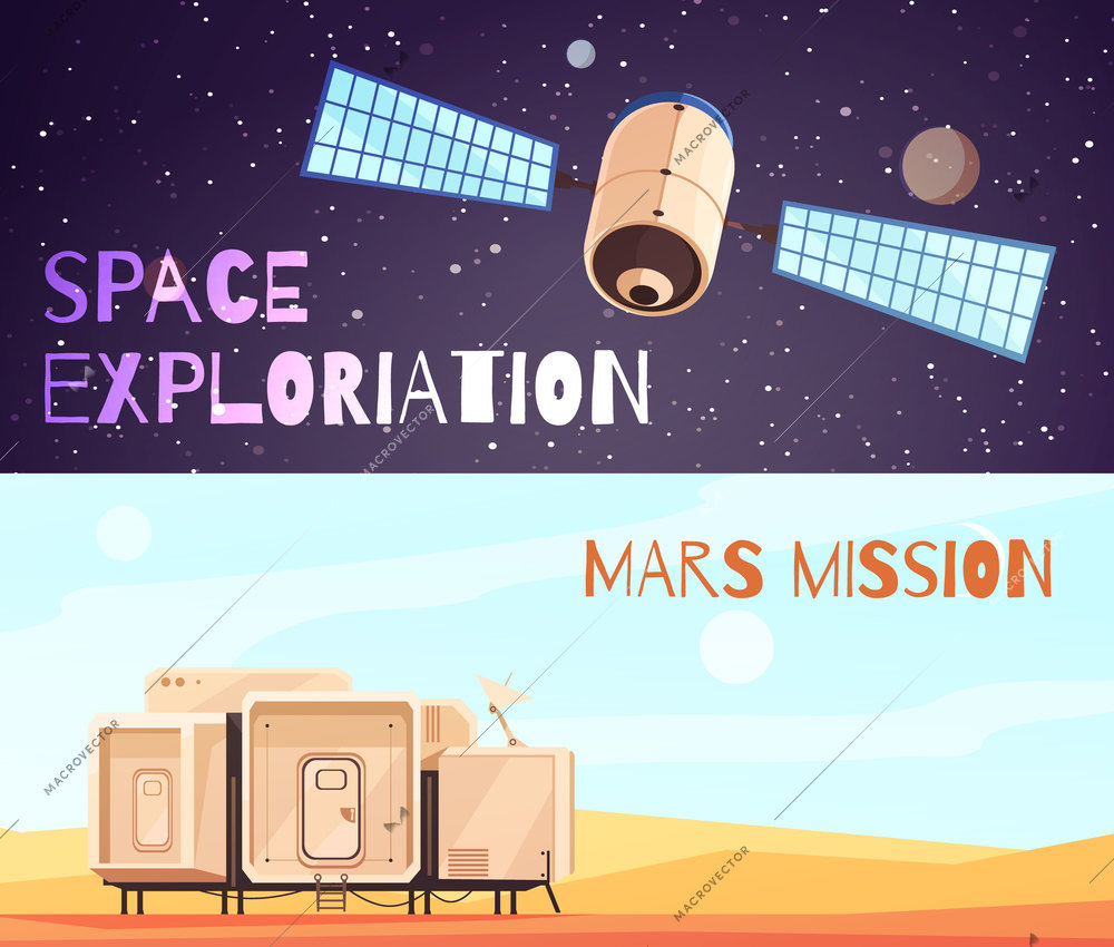 Space technology banners set of two horizontal cosmic exploration compositions with images of satellite and accommodation module vector illustration